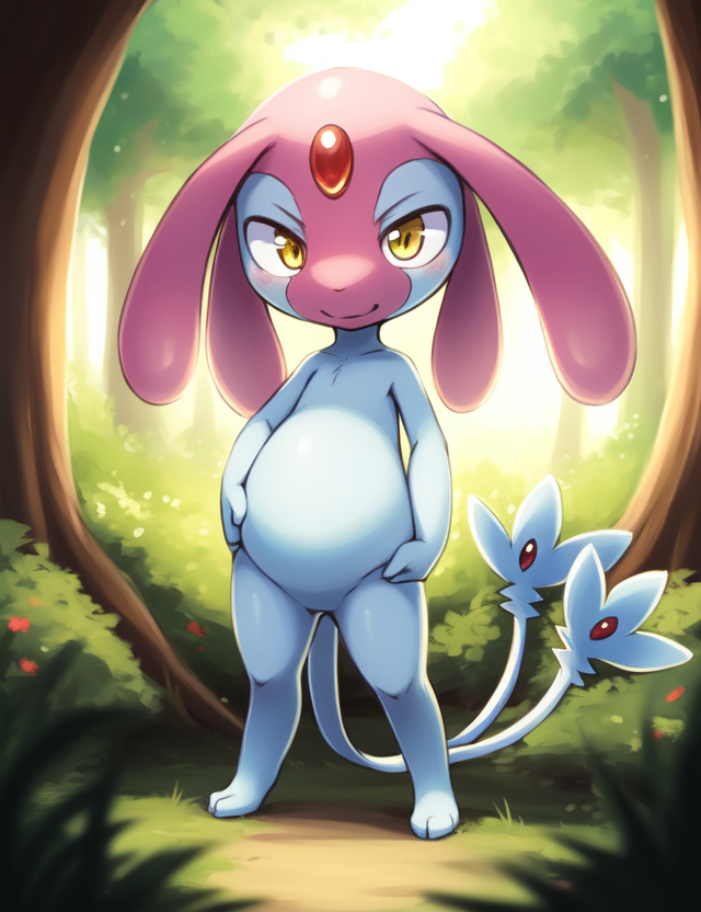 02416-573427566-_lora_PokMespritddN_1_ PokMespritddN, Yellow eyes,(( two tails)), blue skin,  Detailed skin, soft skin,  chibi,_[day,  forest],.png